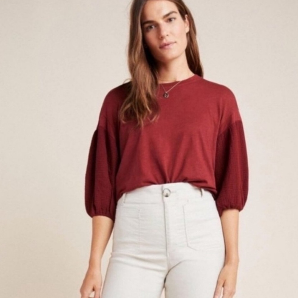 Velvet by graham & spencer Anthropologie Margot red puff sleeve top xsmall 8797